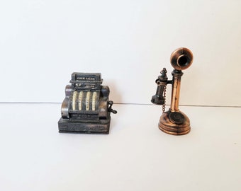Vintage Set of 2 Metal Brass Cash Register and Telephone Pencil Sharpeners