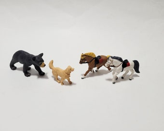 Safari 4 Mini Plastic Toy Animal Figurines Brown Pony, White Pony, Black Bear, Golden Retriever