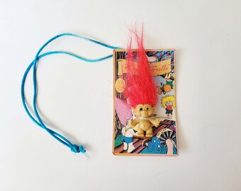 Vintage Forest Troll with Red Hair Necklace on Card – 1.5 Inches #10204 (Wow Wee)