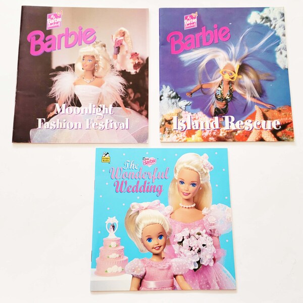 Vintage Set of 3 Barbie Softcover Books:  Wonderful Wedding, Island Rescue, Moonlight Fashion Festival (1996/97 – Reed/Golden Books)