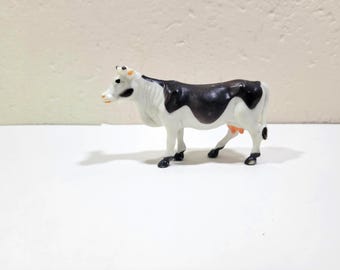 Celluloid Black & White Cow, Hollow, Vintage Toy Animal Figure