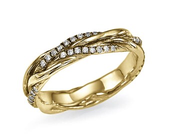 Personalized Braided Wedding Ring, Vintage Design Ring, Wedding Ring for Women with Diamonds, F-VS Diamonds, Wedding Band 14K Yellow Gold