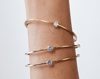 Diamond Solitaire Bangle Bracelet 14K Yellow Gold Oval