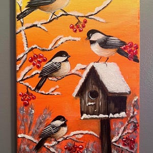 Handbemaltes Vogelhäuschen mit Meisen im Sonnenuntergang 18x33cm