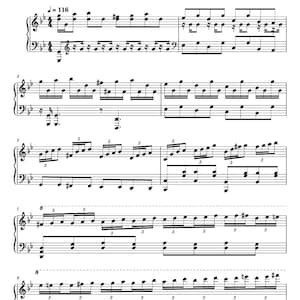 May include: Sheet music for "Phantom" from Hollow Knight: Silksong. The musical score is written in black ink on white paper. The title and composer's name are at the top. The music includes treble and bass clefs, with notes and musical symbols.