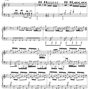 Könnte beinhalten: Notenblatt für "Carla's Theme [Rough and Descent]" aus Armored Core 6, arrangiert von Hsiyun. Die Musik ist in schwarzer Tinte auf weißem Papier geschrieben, mit Violinschlüsseln und Bassschlüsseln sowie Noten.