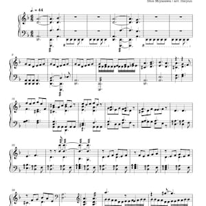 May include: Sheet music for piano titled "Heolstor the Nightlord" by Shoi Miyazawa, arranged by Hsiyun. The music is written in black ink on white paper, with musical notes, symbols, and staff lines. The tempo marking is J. = 44.