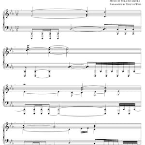 May include: Sheet music for "Malenia, Blade of Miquella" with musical notation on a white background. The title is at the top, with the composer and arranger's names below. The music includes treble and bass clef staves with notes and symbols.