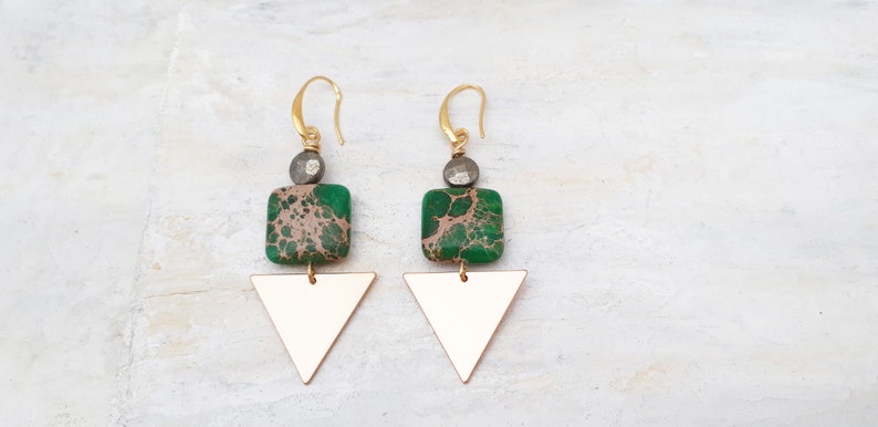 Green Dangle Earrings with Imperial Jasper Square and Triangle Metal Blanks