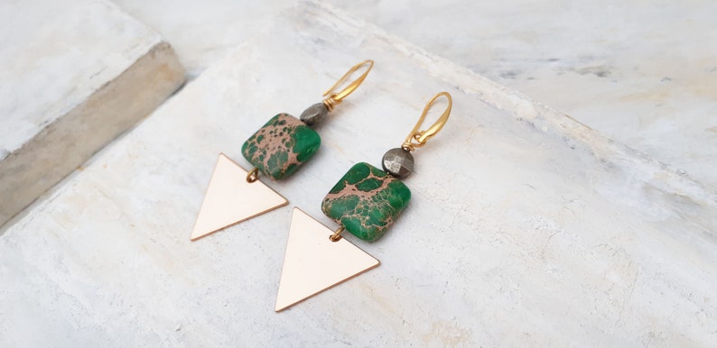 Green Dangle Earrings with Imperial Jasper Square and Triangle Metal Blanks