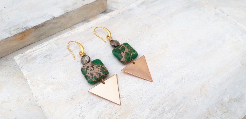 Green Dangle Earrings with Imperial Jasper Square and Triangle Metal Blanks