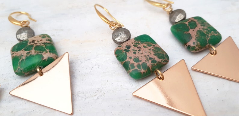 Green Dangle Earrings with Imperial Jasper Square and Triangle Metal Blanks