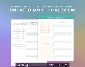 Printable Monthly Overview Planner | Undated Calendar | Goal Setting with Calendar, Important Dates & Birthdays, Notes, and Priorities