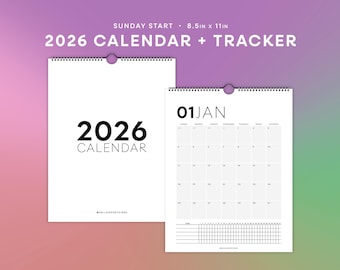 Calendar with Habit Tracker | 2026 Wall Calendar with Habit Tracker | Sunday Start Calendar, 8.5” x 11” - Minimalist Hanging B&W Calendar