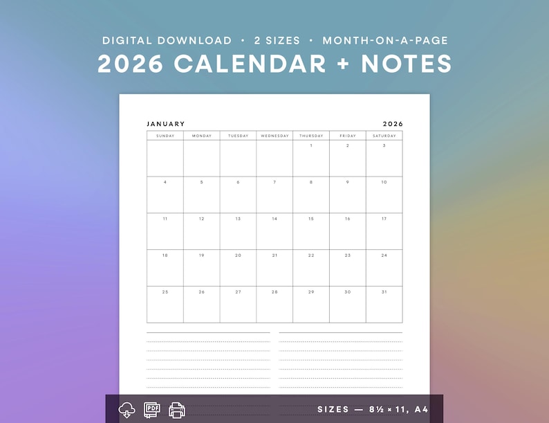 2026 Printable Calendar With Notes | Monthly Planner Insert | Year at a ...
