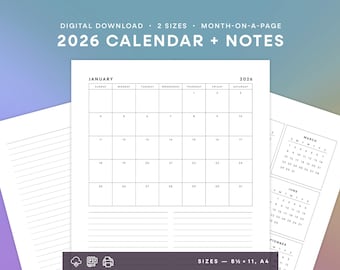 2026 Printable Calendar with Notes | Monthly Planner Insert | Year at a Glance | Letter & A4 | Sunday or Monday Start