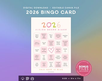 Printable 2026 Bingo Card | Soft Pastel | Bingo Card Template, Goal Tracker, Goal Planner, Resolutions, Vision Board | Editable Canva 5x7