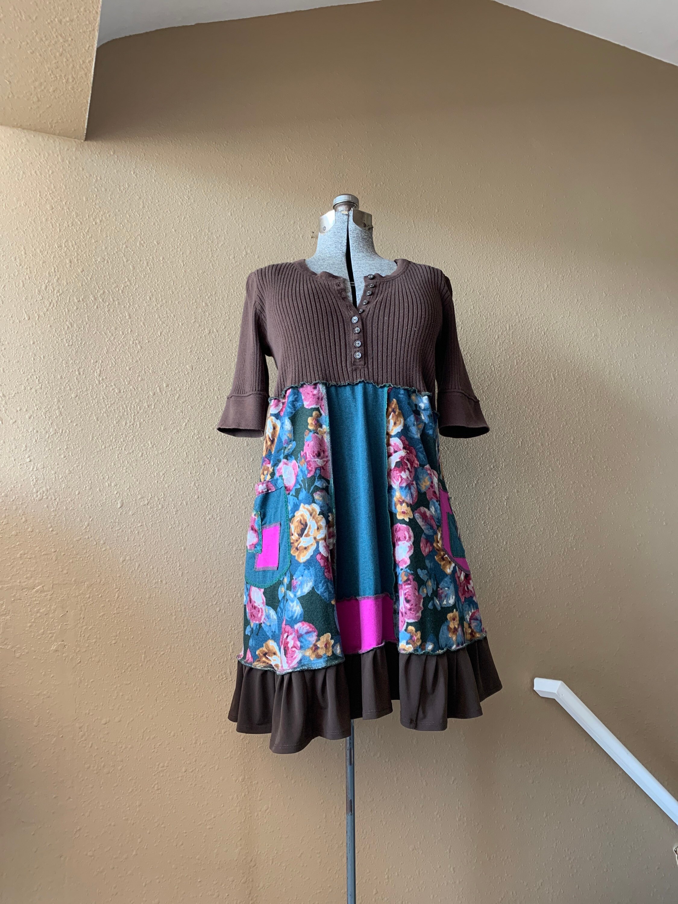 Upcycled Refashioned Floral Patchwork Sweater tunic Dress, size Medium