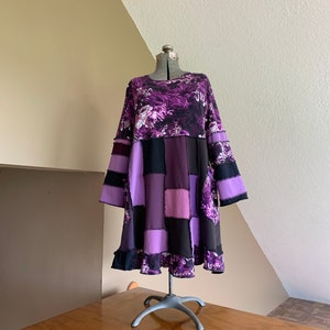 Upcycled Refashioned Patchwork Purple Floral T- Shirt Tunic Dress,