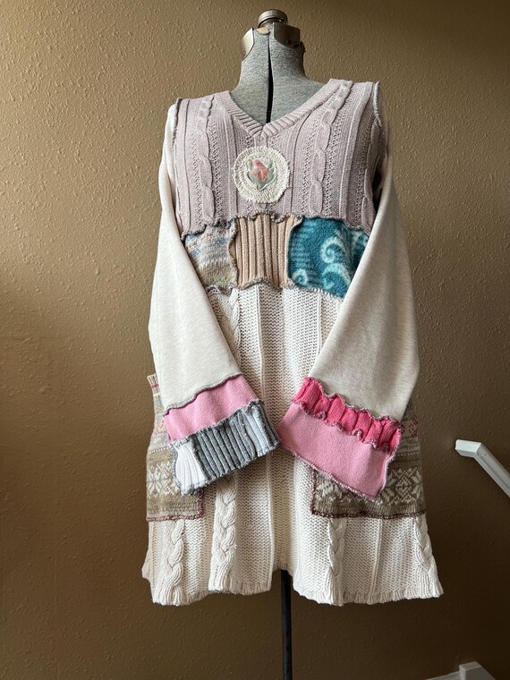 Upcycled Recontructed Patchwork Tunic Sweater Dre… - image 4