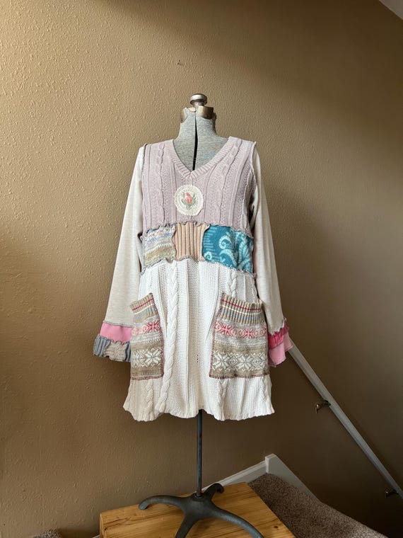 Upcycled Recontructed Patchwork Tunic Sweater Dre… - image 1