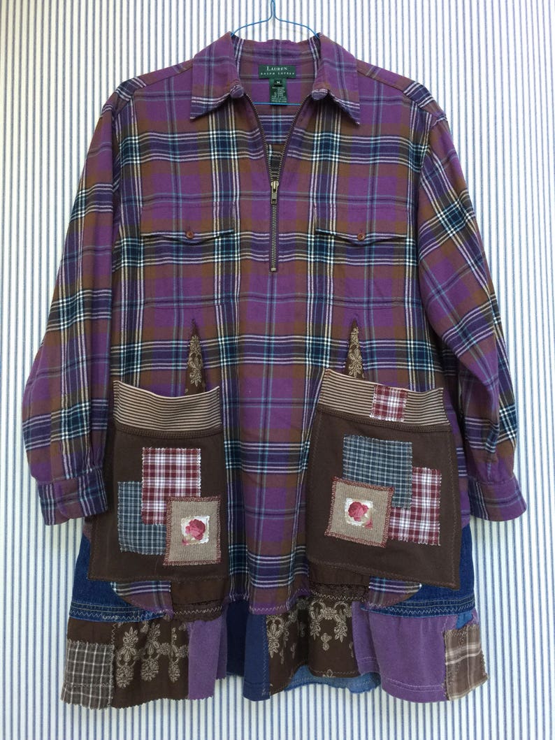 Upcycled Purple and Brown Plaid Flannel Shirt Patchwork Etsy