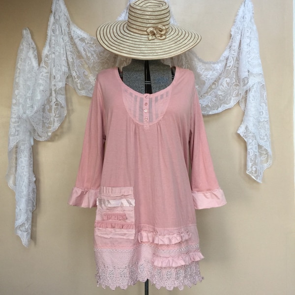 Plus Size Shabby Chic Pink Tunic / Upcycled Romantic Dress / cottage Chic tunic / Route 66 American Hippie / Vintage top Pink Trimmed pocket