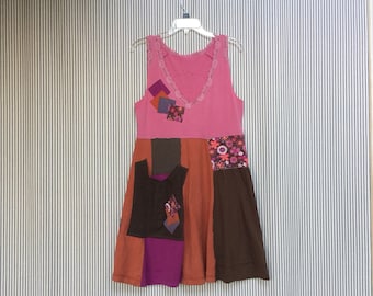 Upcycled Summer Tank Tunic Dress, Colorful Patchwork Loose Fit size small /medium