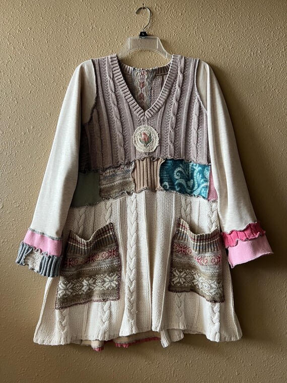 Upcycled Recontructed Patchwork Tunic Sweater Dre… - image 3