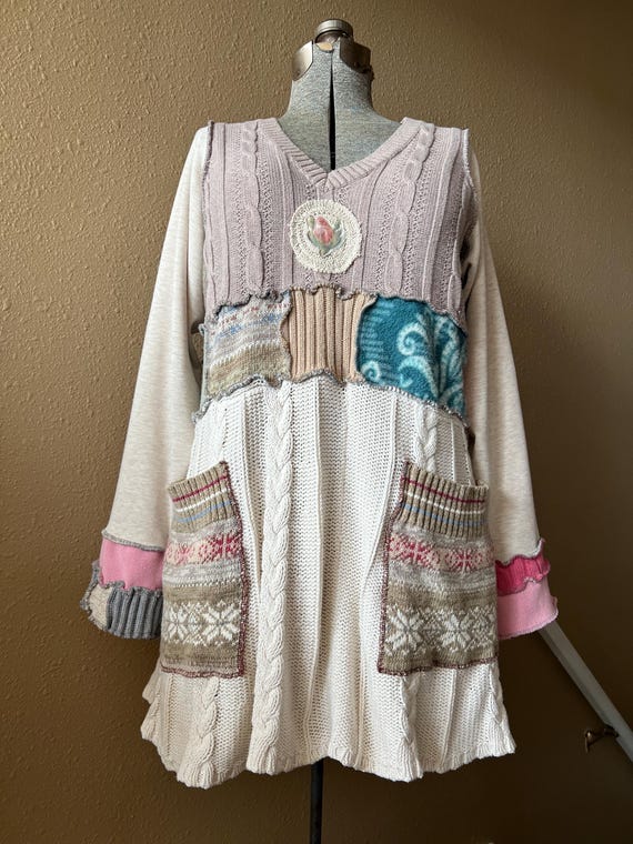 Upcycled Recontructed Patchwork Tunic Sweater Dre… - image 5