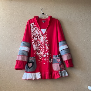 Red Heart Valentine Hoodie Top tunic, refashioned Upcycled Patchwork t-Shirt with Hearts size M