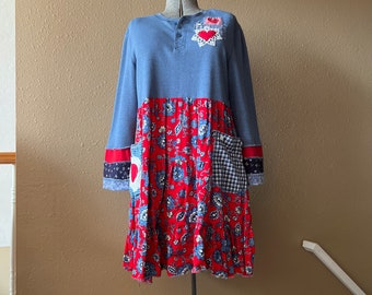 Upcycled Refashioned Tunic Dress, Artsy appliqué , Red & Blue Tiered Skirt Size Medium/large