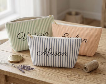 Personalized Striped Makeup Bag | Custom Name Cosmetic Pouch | Bridesmaid Gift | Toiletry Bag Accessory Pouch