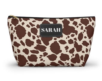 Personalized Cow Print Cosmetic Bag | T-Bottom Accessory Pouch