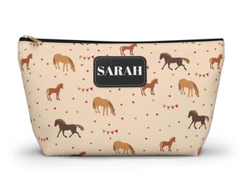 Horse Pattern Accessory Pouch | Personalized Name Zipper T-Bottom Cosmetic Bag