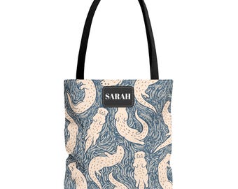 Personalized Otter Tote Bag, Custom Name Canvas Bag, Cute Playful Otter Pattern, Animal Lover Gift, Reusable Shopping Bag