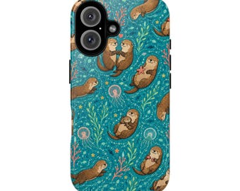 Cute Sea Otter Phone Case, Teal Otter Pattern iPhone Case, Tough Protective Cover, Ocean Animal Lover Gift, Otter Gift for Her