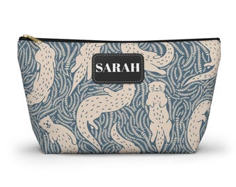 Playful Otter Pattern Personalized Accessory Pouch |T-Bottom Makeup-Cosmetic Zipper Bag, Gifts for Her