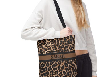 Gepersonaliseerde canvas draagtas met luipaardprint, met aangepast monogram