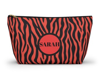 Red Zebra Print Accessory Pouch, Personalized Makeup Bag