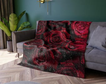 Red Rose Pattern Crushed Velvet Blanket | Floral Velvet Throw