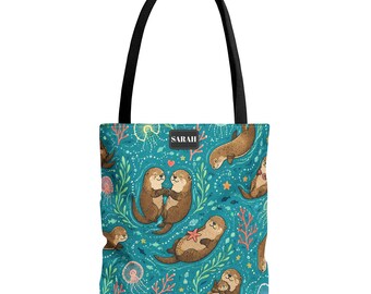 Sea Otter Tote Bag, Custom Name Aquatic Floral Otter Pattern, Cute Ocean Animal Canvas Bag, Reusable Shopping Tote, Otter Lover Gift