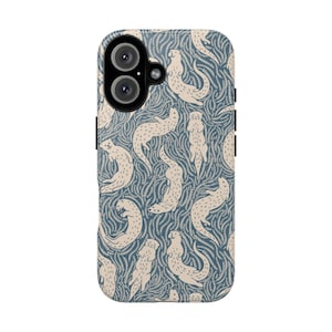 May include: A rectangular smartphone case featuring a repeating pattern of cream-coloured otters swimming amidst a dense, dark blue background of stylised aquatic plants and seaweed. The case has a black camera cutout in the upper left corner.