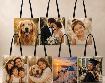 Sacola personalizada com foto, sacola com imagem personalizada, sacola de presente com impressão fotográfica, sacola personalizada com imagem, sacola para casamento com foto de família e animal de estimação