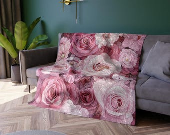 Pink Rose Floral Crushed Velvet Blanket | Allover Bloom Pattern