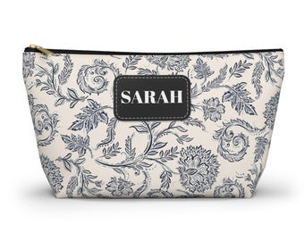 Blue Floral Toile Accessory Pouch, Personalized Cosmetic Bag
