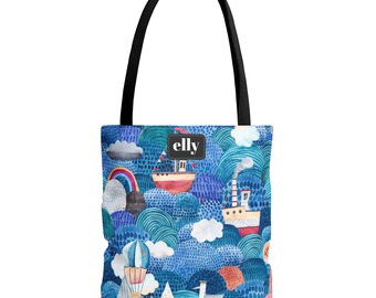 Hand-Painted Sailing Boats Tote Bag | Nautical Ocean Print