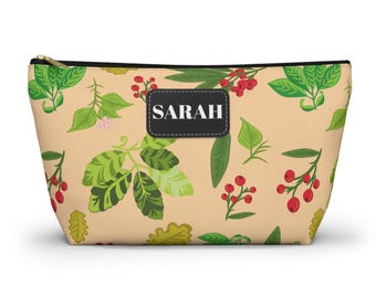Bolsa para accesorios con estampado de hojas verdes, bolsa de maquillaje y cosméticos con base en T y nombre personalizado
