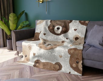 Brown Bear Faces Crushed Velvet Blanket | Nursery Baby Teddy Pattern