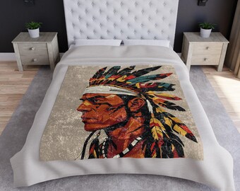 Native American Chief Illustration Crushed Velvet Blanket | Feather Headdress Throw